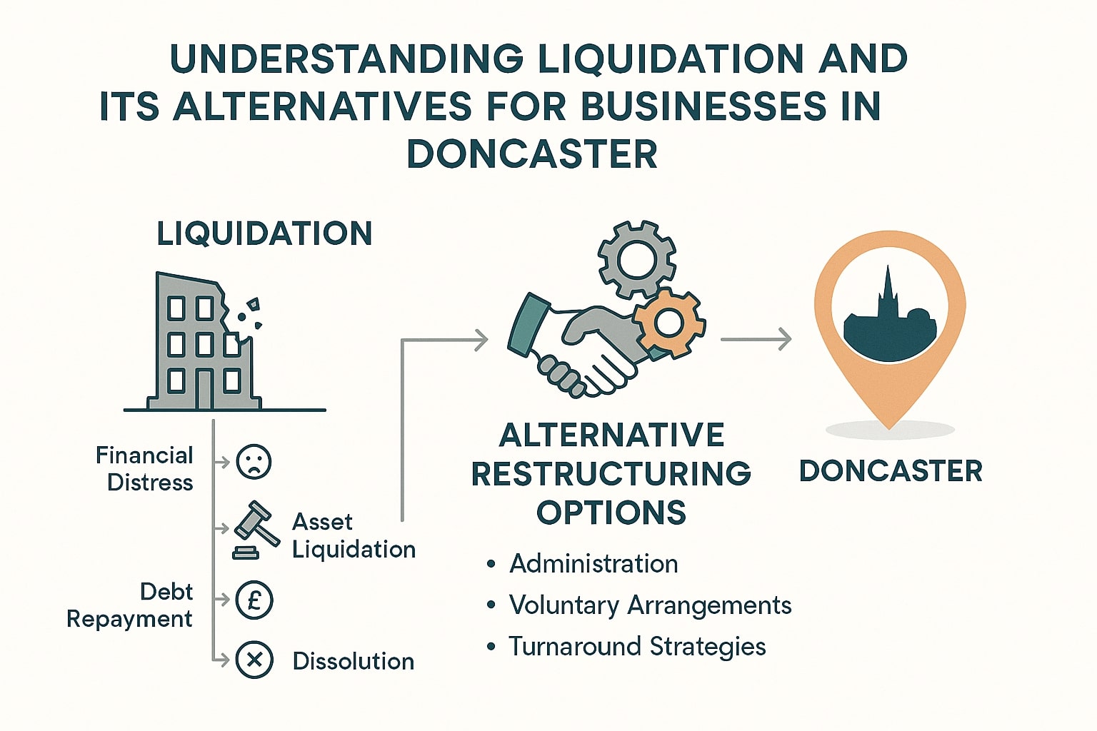 Infographic showing liquidation steps, business restructuring alternatives like administration and voluntary arrangements, and a Doncaster location marker. Flat vector icons illustrate each concept, with clear arrows, modern headers, and clean spacious design for business owners exploring insolvency and restructuring options in Doncaster.